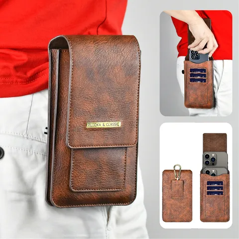 Men's PU Leather Dual Layer Phone Holster Vintage Crazy Horse Pattern Belt Loop Waist Bag Outdoor Phone Case Holder
