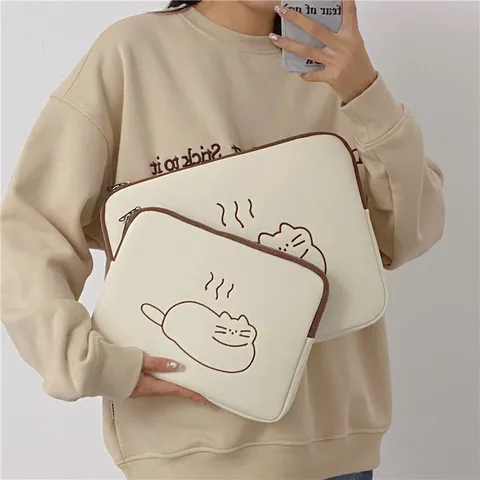 Korean Ins Fresh Simple Cute Cat Embroidery Nylon Laptop Bag Tablet Protective Sleeve Crossbody Bag Student Computer Bag