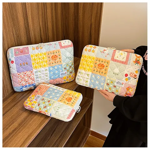Koreanisch Süß Welpe Blumen Geometrisches Gitter Gesteppt Laptoptasche Tablet Hülle Weich Gepolstert Innentasche Tragbar Reißverschluss Aktentasche Für Damen Studenten