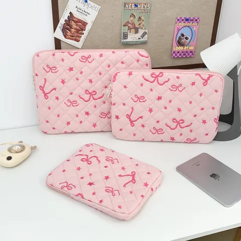 Korean Ins Style Bowknot Star Embroidery Quilted Laptop Sleeve Tablet Storage Bag Nylon Pouch