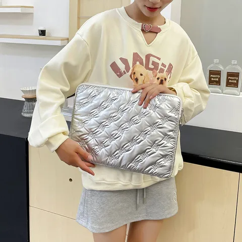 Fundas para Portátil Acolchada con Lazo Lindo Bolsa para Computadora Acolchada de Nylon Impermeable Estilo Universitario Dulce Bolso de Mano Portátil para Mujeres