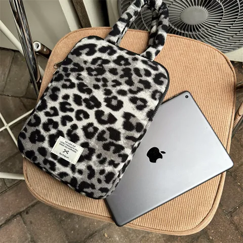 Funda para Portátil Estampado de Leopardo Estilo Coreano Ins Bolsa de Almacenamiento para Tablet Bolso Suave de Terciopelo Lindo