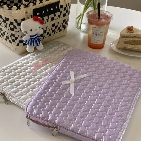 Ins Cute Heart Quilted Laptop Sleeve Tablet Bag With Bow Women Soft Padded Protective Carrying Case For Daily Use