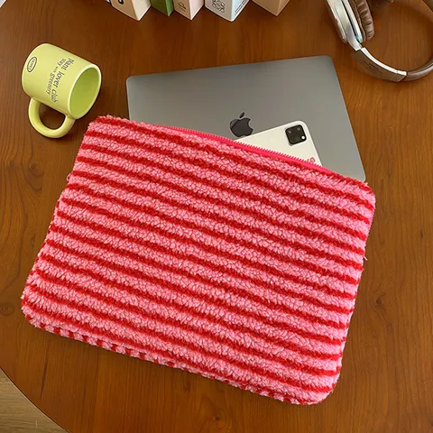 Colorful Striped Granular Velvet Laptop Sleeve Soft Protective Tablet Pouch Shockproof Computer Bag For Women And Men