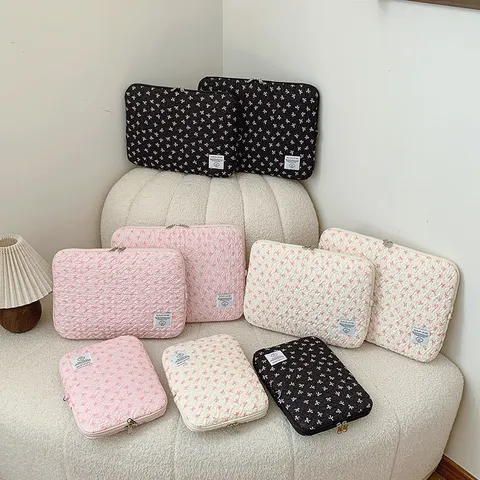 Korean Style Bow Pleated Laptop Sleeve 13 Inch Cute Puffer Computer Bag Waterproof Pouch Tablet Case Zipper Bag