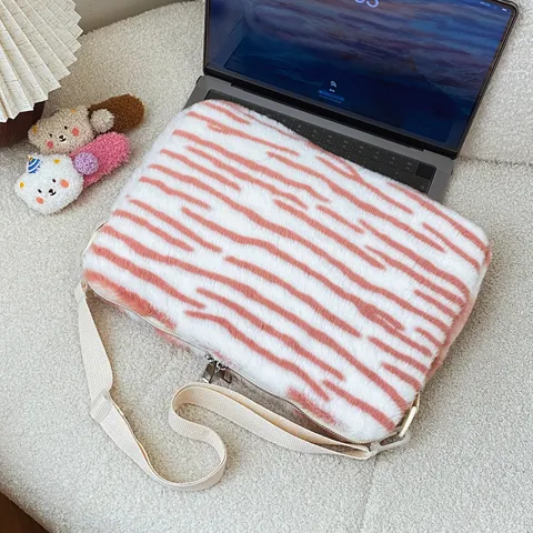 Japanese Tiger Stripe Plush Laptop Sleeve Bag Cute Fluffy Tablet Case With Adjustable Shoulder Strap For Women