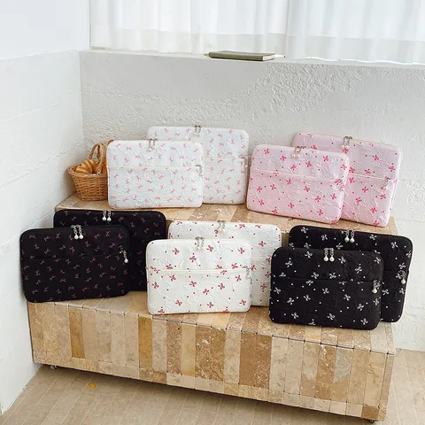 Embroidered Bow Laptop Inner Bag Cute Pearl Zipper Protective Storage Sleeve For Women