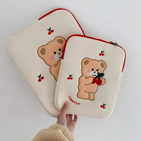 Ins Cute Embroidery Cherry Bear Laptop Sleeve Bag For Women Soft Padded Notebook Computer Pouch Case