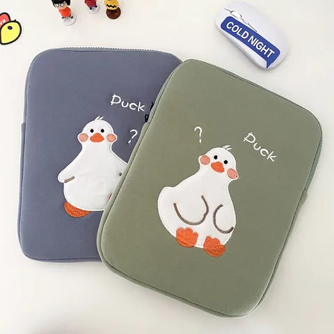 Cute Duck Embroidery Tablet Sleeve Cotton Plush Laptop Protective Case Unisex Casual Daily Storage Pouch For iPad
