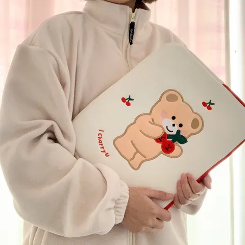 Ins Cute Embroidery Cherry Bear Laptop Sleeve Bag For Women Soft Padded Notebook Computer Pouch Case