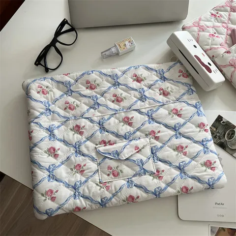 Women Floral Laptop Bag Quilted Cute Bowknot Tablet Storage Sleeve Korean Style Pouch For Notebook Computer