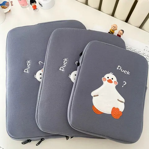 Cute Duck Embroidery Tablet Sleeve Cotton Plush Laptop Protective Case Unisex Casual Daily Storage Pouch For iPad