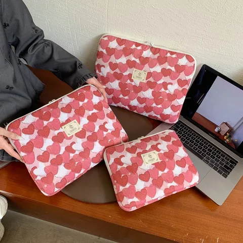 Ins Style Peach Heart Polka Dot Print Laptop Sleeve Tablet Storage Protection Bag Polyester Zipper Bag