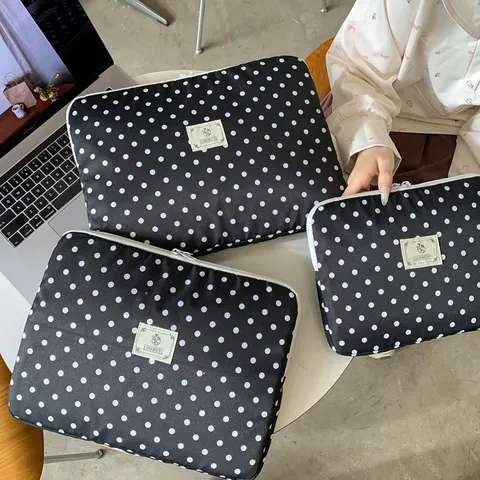 Ins Style Peach Heart Polka Dot Print Laptop Sleeve Tablet Storage Protection Bag Polyester Zipper Bag