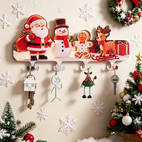 Christmas Wooden Wall Hook Cartoon Santa Claus Elk Snowman Key Holder Decorative Wall Rack For Home Entrance Holiday Party Decor