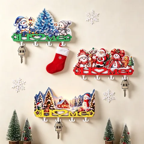 Christmas Wooden Wall Hook Rack Cartoon Santa Claus Snowman Key Holder Home Letter Cutout Decorative Key Hanger Rack For Entrance Porch Wall Storage Organizer Decoration