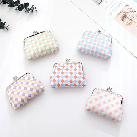 Mini Fabric Coin Purse Plaid Kiss Lock Change Pouch Portable Headphone Data Cable Storage Bag Wallet For Women