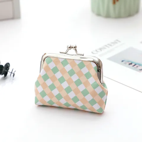 Mini Fabric Coin Purse Plaid Kiss Lock Change Pouch Portable Headphone Data Cable Storage Bag Wallet For Women