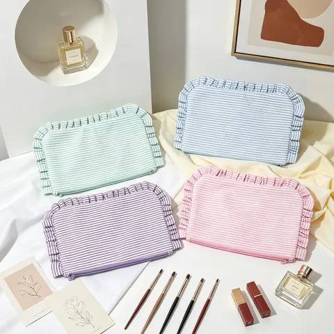 Minimalist Seersucker Striped Ruffle Cosmetic Bag Portable Handheld Makeup Storage Pouch Commuting Toiletry Organizer Bag