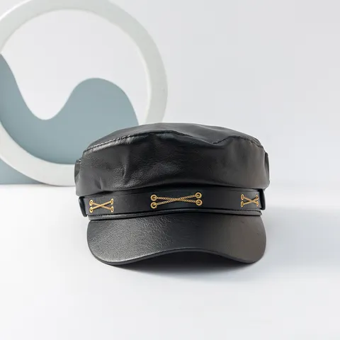 Damen PU Leder Schiebermütze Vintage Retro Baker Boy Hut Mit Goldener Kreuzkette Verstellbare Mode Barette