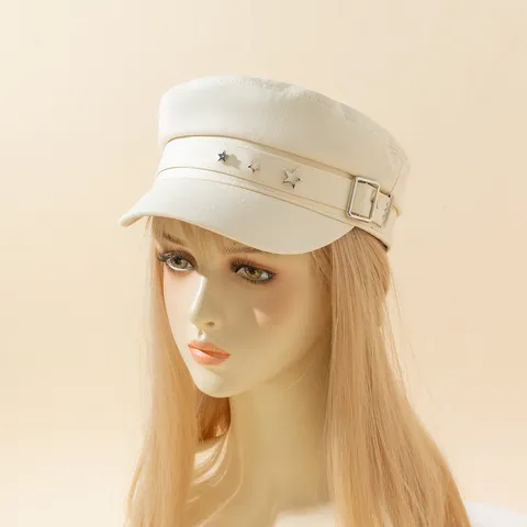 Solid Color Flat Top Newsboy Cap With Metal Five-Pointed Star Decor Women Retro Stylish Polyester Navy Hat