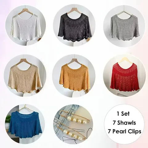 Women Elegant Knitted Hollow Shawl Summer Sun Protection Cape With Brooch