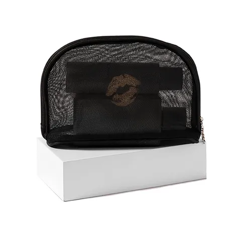 Sac de Maquillage de Voyage en Maille Noire Organisateur de Toilette Portable Pochette Cosmétique Imperméable Sac à Main à Fermeture Éclair Pour Femmes