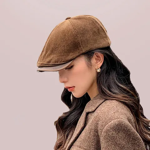 Femme Vintage Corduroy Newsboy Cap Visière en Cuir Flat Hat Casual Retro Painter Beret Hat Chic Octagonal Cap