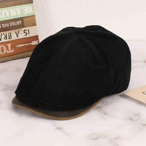 Femme Vintage Corduroy Newsboy Cap Visière en Cuir Flat Hat Casual Retro Painter Beret Hat Chic Octagonal Cap