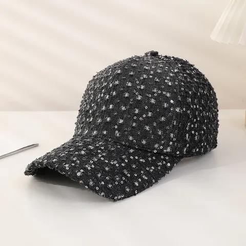 Casquette de Baseball en Denim Vieilli Unisexe Damier Paillettes Réglable Bord Incurvé Mode de Rue Chapeau de Protection Solaire