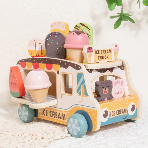 Kinder Holz Eiswagen Rollenspiel Küche Spielzeug Simulation Dessert Lebensmittel Ladenstand Lernspielzeug Geschenk Für Jungen Mädchen
