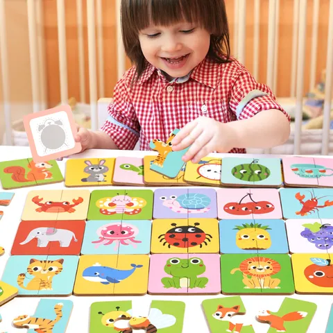 Puzzle d'Association d'Ombres pour Enfants Jeu de Cartes Éducatif Jeu de Plateau en Bois Jouets d'Apprentissage Précoce pour Tout-Petits