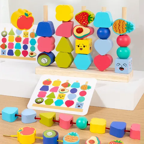 Kids Wooden Geometric Shape Sorting Stacking Bead Toy Montessori Early Educational Learning Puzzle Toy Gift