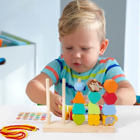 Kids Wooden Geometric Shape Sorting Stacking Bead Toy Montessori Early Educational Learning Puzzle Toy Gift