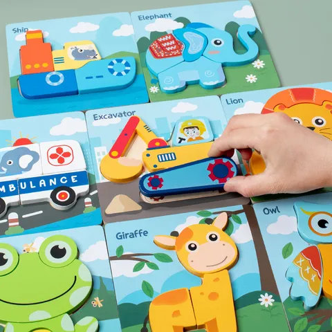 Kinder Holz 3D Puzzle Frühes Pädagogisches Lernspielzeug Tier Verkehr Thema Farbkarton Verpackung Spielzeug Für Kinder