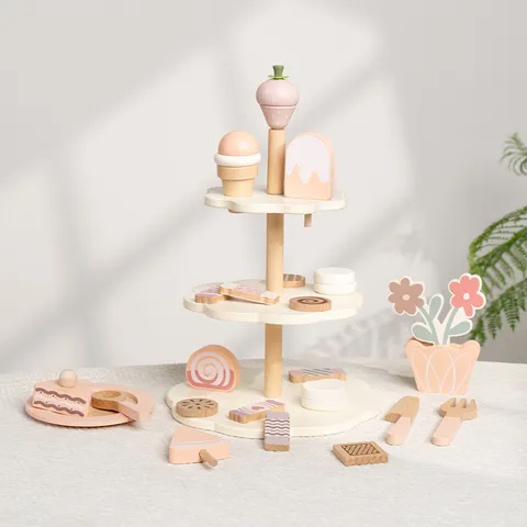 Hölzernes Rollenspiel Nachmittagstee Dessertständer Spielzeug Set Kinder Lernküche Essen Kuchen Spielzeug Mit Bunten Zubehör