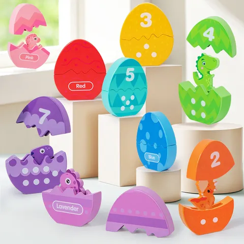 Montessori Wooden Dinosaur Egg Matching Puzzle Toys Color Number Cognition Early Learning Toy For Kids Toddlers