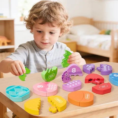 Montessori Wooden Dinosaur Egg Matching Puzzle Toys Color Number Cognition Early Learning Toy For Kids Toddlers