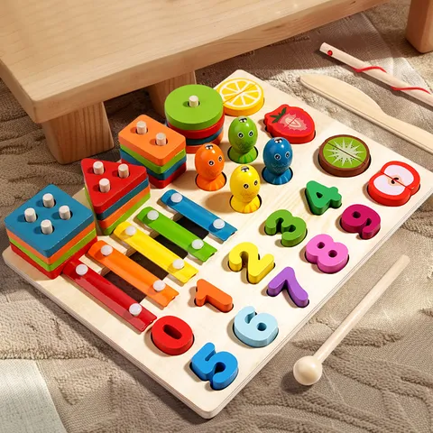 Wooden Multi-Function Early Educational Learning Toy Montessori Shape Number Color Sorting Fishing And Xylophone Toy For Kids