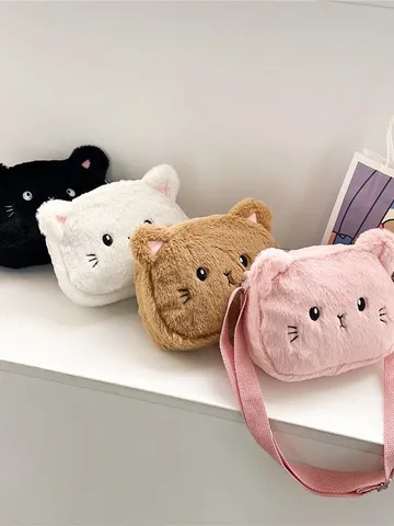 Lindo Bolso Bandolera de Peluche con Forma de Gato para Niñas Pequeñas Bolso de Hombro de Animal Peludo Bordado Con Correa Ajustable