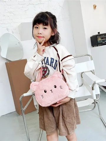 Lindo Bolso Bandolera de Peluche con Forma de Gato para Niñas Pequeñas Bolso de Hombro de Animal Peludo Bordado Con Correa Ajustable
