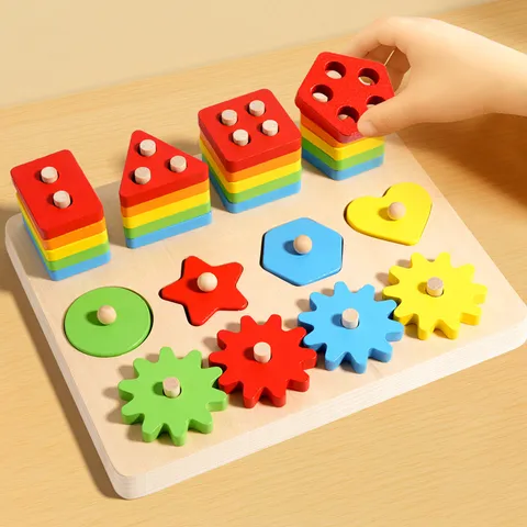 Montessori Wooden Educational Shape Sorting Puzzle Toy Geometric Cognitive Gear Matching Block Set For Toddlers Kids