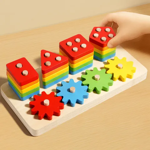Montessori Wooden Educational Shape Sorting Puzzle Toy Geometric Cognitive Gear Matching Block Set For Toddlers Kids