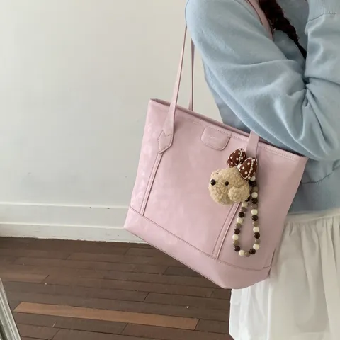 Grand Sac Cabas Grande Capacité Femmes Sac à Main en Cuir PU Sac Bandoulière Commuter Avec Pendentif Ours Mignon Sac à Poignée