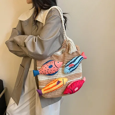 Damen Grosse Kapazität Gestrickte Tote Tasche Handgemachte Gewebte Umhängetasche Ethischer Stil Casual Pendler Tasche Mit 3D Fisch Dekor