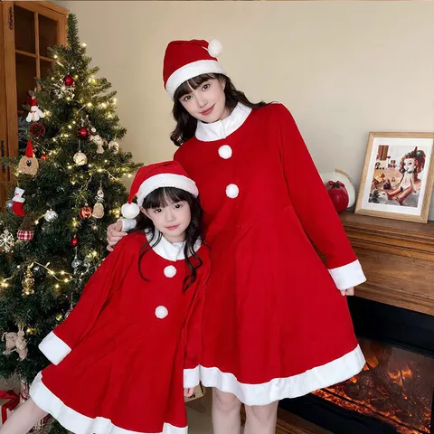 Women Children Christmas Dress Set Red Long Sleeve Party Costume With Hat Festive Holiday Performance Outfit