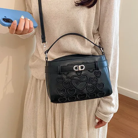 Women's Stylish Artificial Leather Top Handle Crossbody Bag Quilted Heart Embroidery Luxury Designer Style Handbag