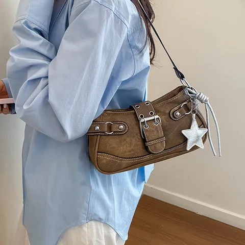 Casual Minimalist PU Leather Underarm Bag For Women Retro Y2K Style Single Shoulder Handbag With Star Pendant Daily Purse