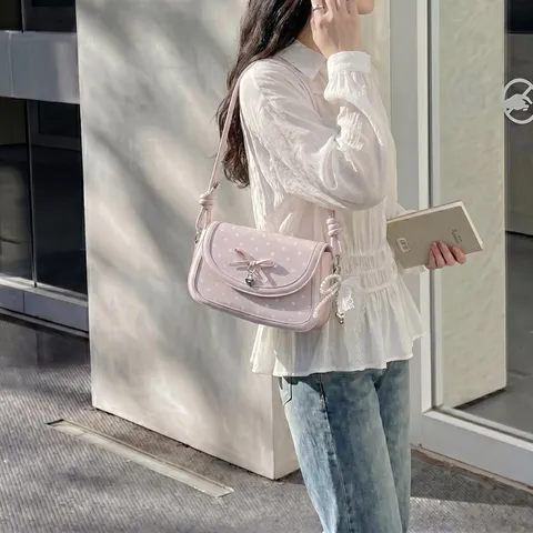 Femmes Mignon Pois Sac Bandoulière Sac à Main Nœud Doux PU Cuir Sac Casual Trajet Sac Axillaire