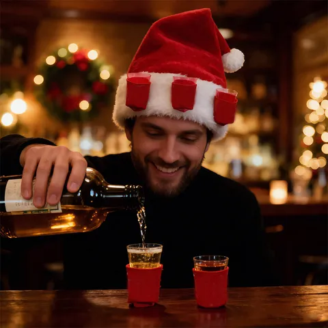 Weihnachten Rot Plüsch Bar Party Weinglas Hut Mit Bechern Erwachsene Festliche Feiertag Feier Kostüm Zubehör Neuheit Party Hut